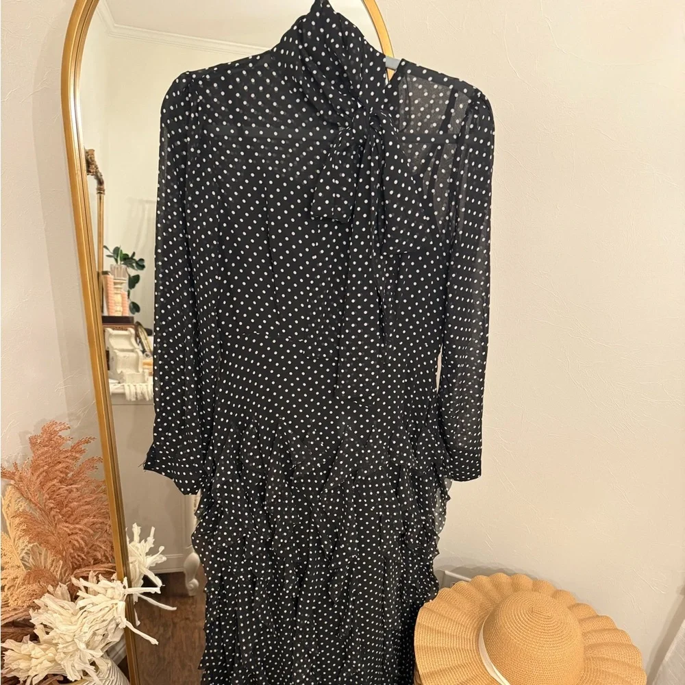 New Maxi Size M black white polka dot tie neck modest dress fancy - Picture 2 of 4